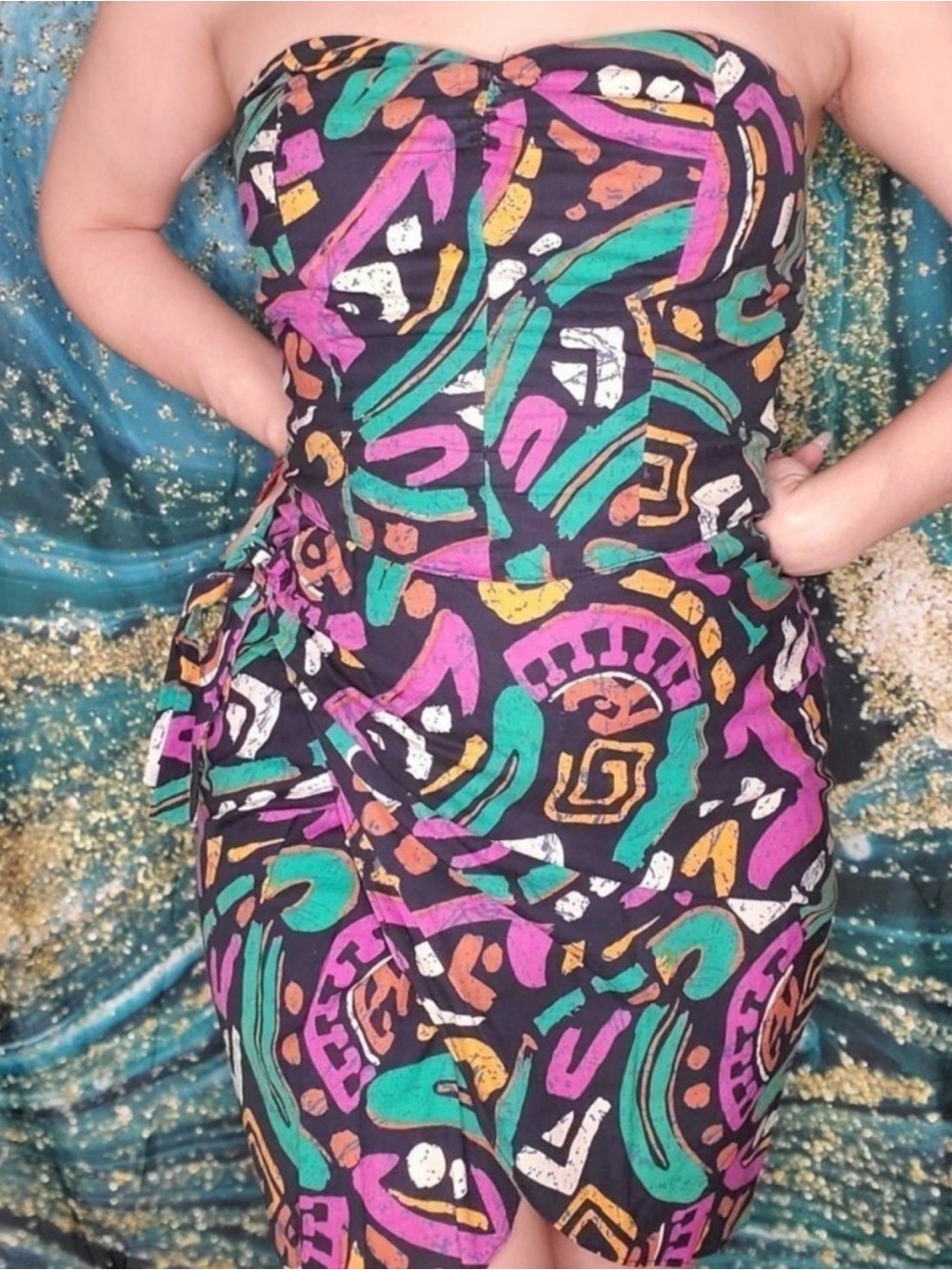 Vintage All That Jazz 80s Tiki Strapless Wrap Dress